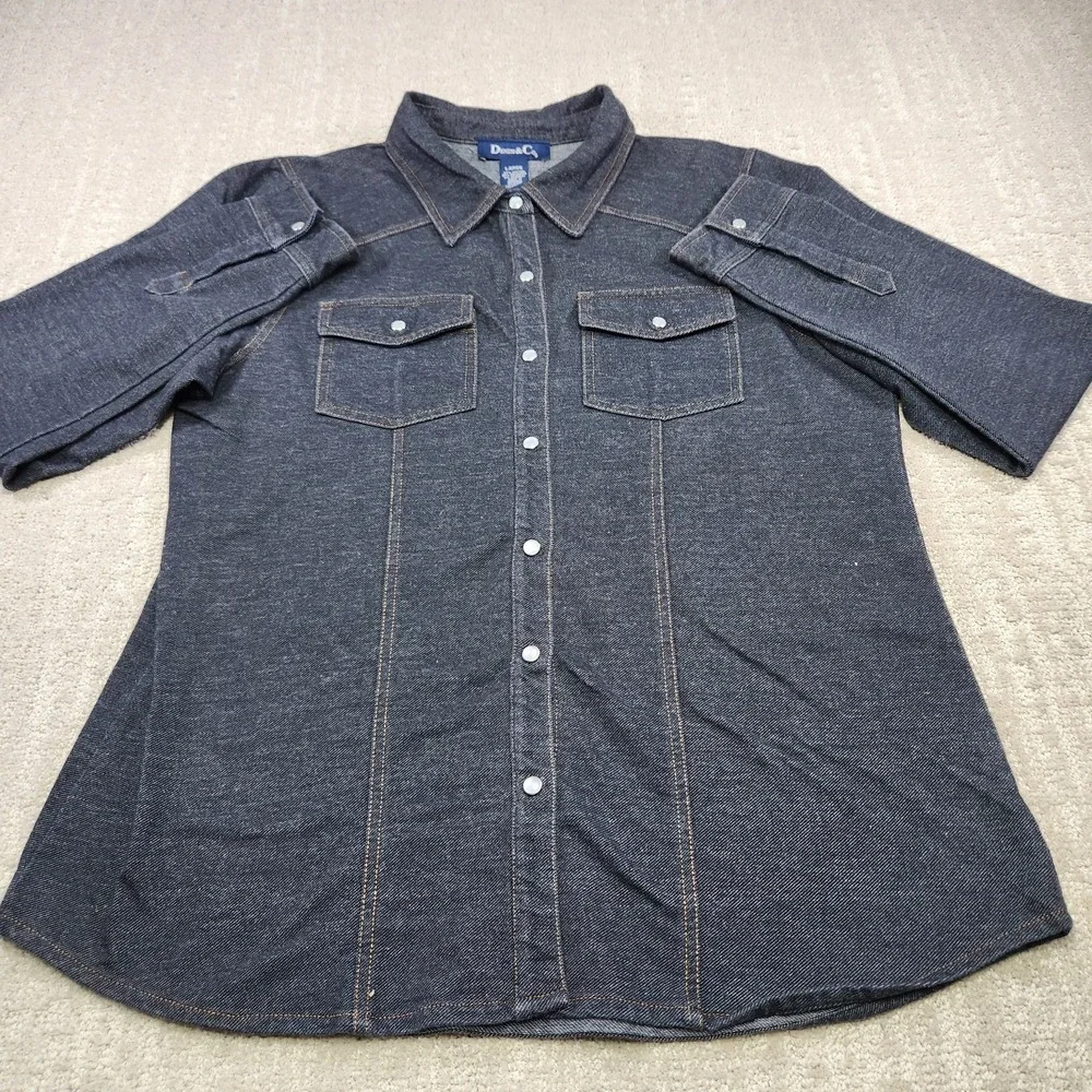 Denim & Co Pearl Snap Shirt Women Large Soft‎ Stretch Denim Dark Cowgirl Rodeo
